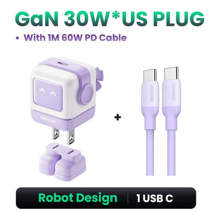 【US Plug】 UGREEN 65W 30W GaN Charger Robot Design PD3.0 Fast Charger QC4.0 3.0 PPS សម្រាប់ iPhone 16 15 14 Pro ថេប្លេតកុំព្យូទ័រ Macbook