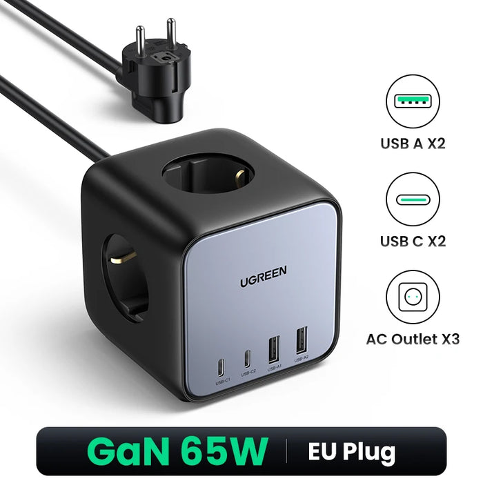 UGREEN GaN65W Power Strip ស្ថានីយ៍សាកថ្មលឿនសម្រាប់ iPad Pro 13 កុំព្យូទ័រយួរដៃ iPhone 15 Pro ឆ្នាំងសាកទូរស័ព្ទ