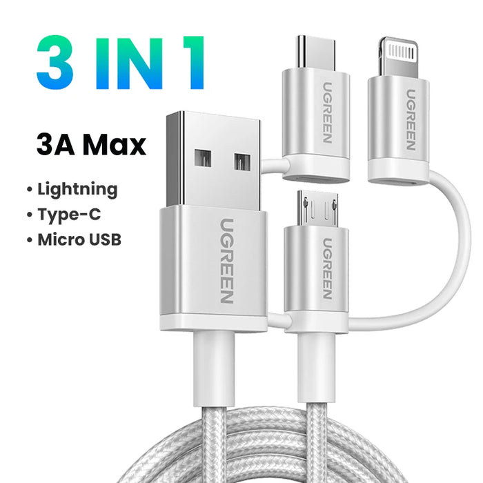 【លក់ថ្មី】 UGREEN MFi USB C to Lightning Micro USB Cable 3A Fast Charging 3 in 1 For iPhone 14 13 12 Pro Max Xiaomi Samsung