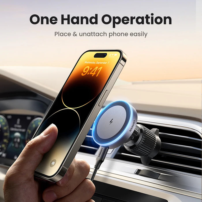 UGREEN Qi2 15W Magnetic Car Phone Holder Wireless Charger Stand for iPhone 16 Pro Max Charging for Magsafe Car Charger LED Light 