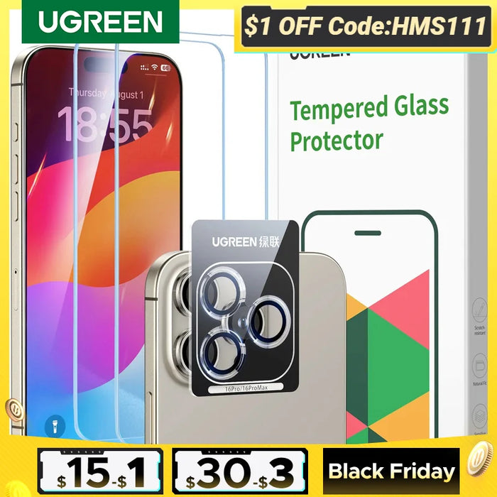 UGREEN Screen Protector For iPhone 16 Pro Full Cover Tempered Glass For iPhone 16 Plus Pro Max Camera Lens Protectors