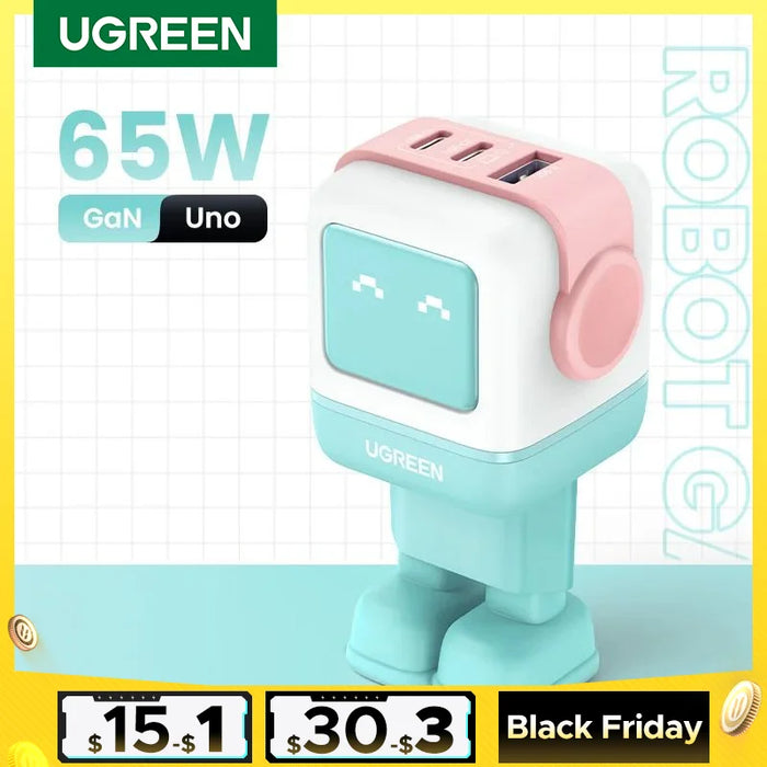 UGREEN 65W GaN Charger Robot Design Quick Charge 4.0 3.0 PPS For Macbook Laptop Tablet iPhone 16 15 14 Pro PD Fast USB Charger