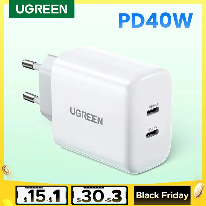 UGREEN Dual 20W PD USB C Charger for iPhone 16 15 14 Fast Charger Quick Charge 4.0 3.0 Charging for Samsung Mobile Phone Charger