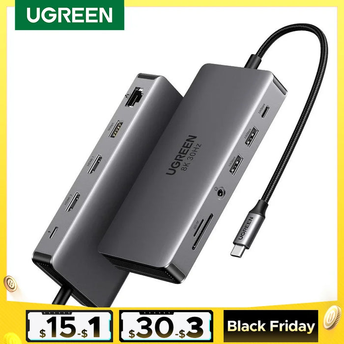 UGREEN USB C HUB 8K30Hz 4K60Hz USB C ទៅ 2xHDMI 2.1 RJ45 អាដាប់ទ័រ USB 3.0 PD សម្រាប់ Macbook iPad M2 M1 PC Accessories USB C Splitter