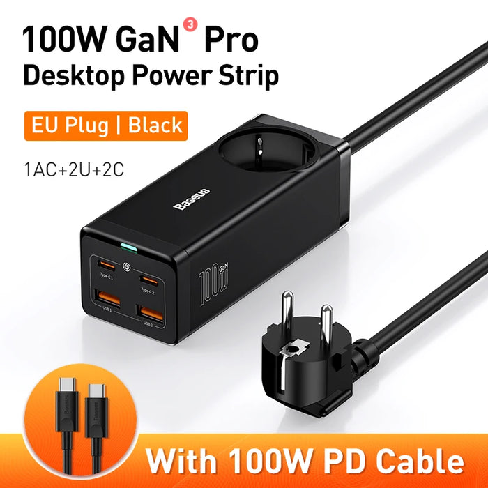 Baseus 100W GaN3 Pro Desktop Charger Power Strip Charging Station Fast Charger For iPhone 16 15 14 Pro Max Xiaomi Samsung Laptop