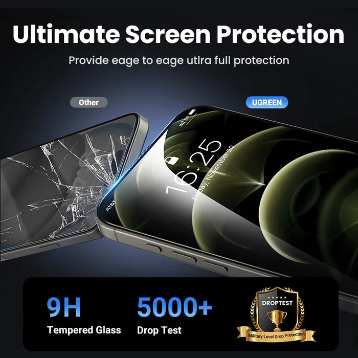 UGREEN សម្រាប់ iPhone 16 15 14 13 12 Pro Max Screen Protector សម្រាប់ iPhone 16 Plus Tempered Glass សម្រាប់ iPhone 15 XR Glass 9D Films