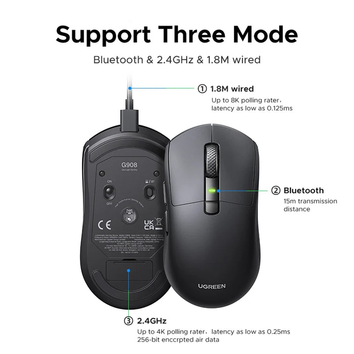 UGREEN 26000DPI Wired Gaming Mouse Bluetooth Mouse Triple Mode Connectivity Ultra-Light Wireless Bluetooth Gaming Mouse