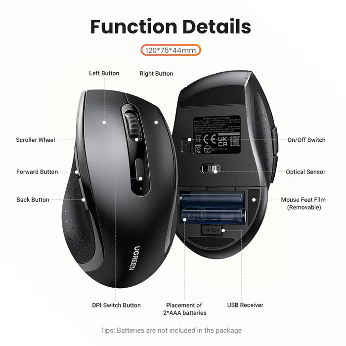 【ថ្មី】 UGREEN Wireless Mouse សម្រាប់កុំព្យូទ័រ 1600DPI Silent Mouse ជាមួយនឹង 2.4GHz USB Receiver for PC MacBook Tablet Laptop