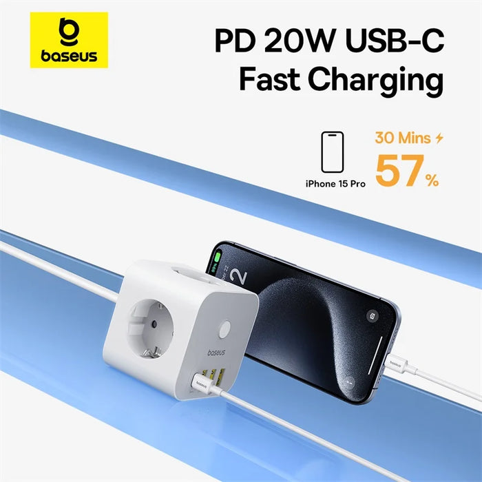 Baseus 20W Fast Charger Power Strip 3AC Outlet Desktop Charging Station PD 20W USB-C Fast Charging For iPhone Tablets Samsung