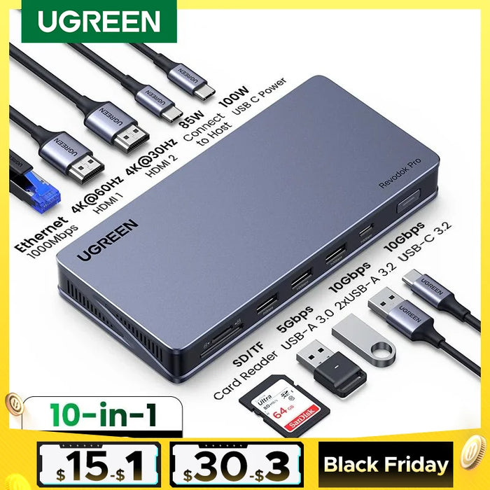 UGREEN Dual HDMI USB C HUB 4K60Hz HDMI Adapter ជាមួយ RJ45 10Gbps USB3.2 PD 100W Dock សម្រាប់ MacBook Pro Air M2 M1 USB HUB Docking