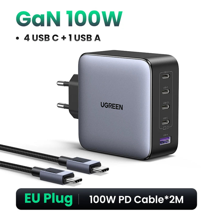 UGREEN 100W GaN Charger 5 Ports USB C Charger QC4.0 3.0 PPS សម្រាប់ Macbook Air Laptop Tablet ឧបករណ៍សាក PDFast សម្រាប់ iPhone 16 15 14 Pro