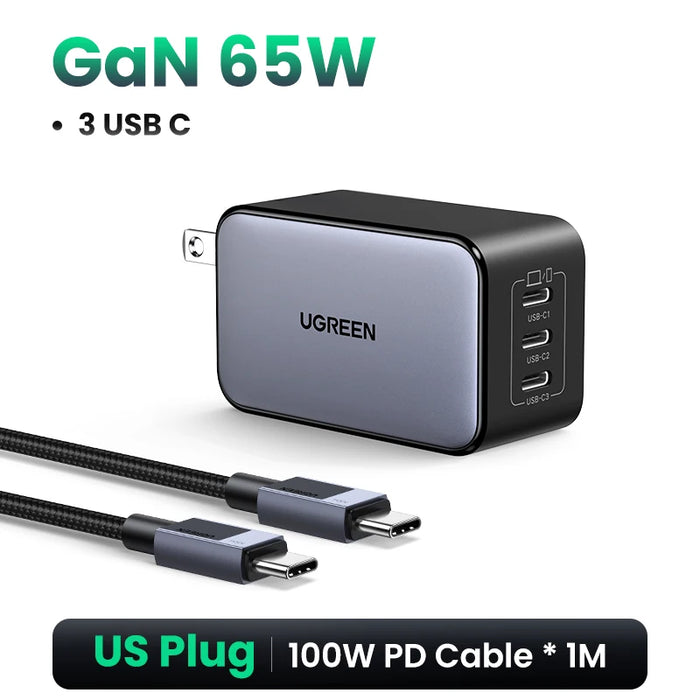 UGREEN 65W GaN Charger Quick Charge 4.0 3.0 PPS PD 3.0 Fast Charger 3 USB C For Macbook Air Laptops Tablets iPhone 16 15 14 Pro