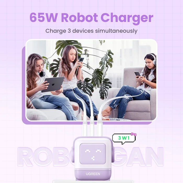 ថ្មី!UGREEN 65W GaN Charger Robot Design Quick Charge 4.0 3.0 PPS សម្រាប់ iPhone 16 15 14 Pro Macbook Laptop Tablet PD Fast Charger