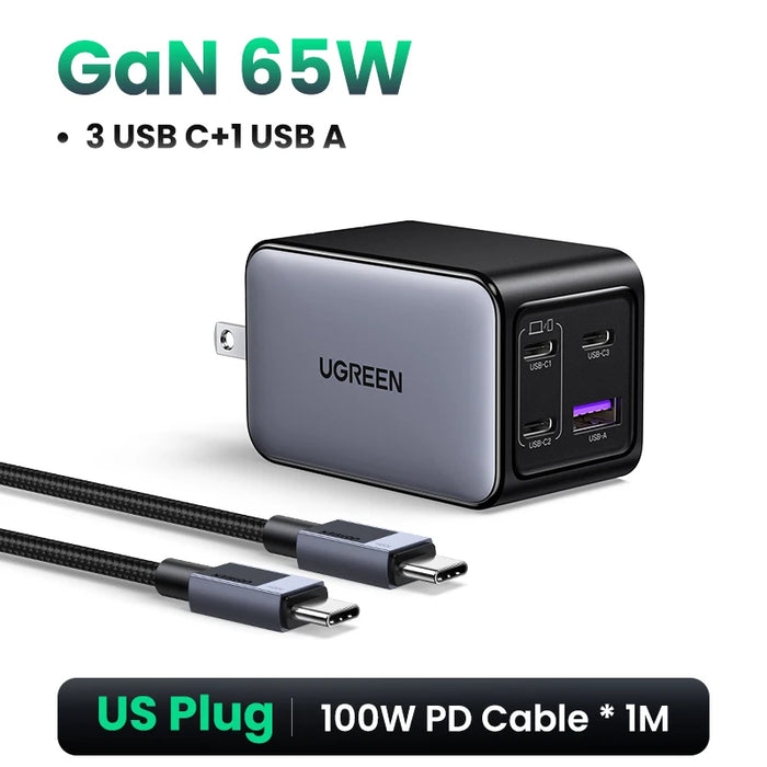 UGREEN 65W GaN Charger 4 Ports USB C Fast Charger Quick Charge 3.0 PD 3.0 សម្រាប់កុំព្យូទ័រ Macbook Air Laptops Tablet iPhone 16 15 14 Pro Max