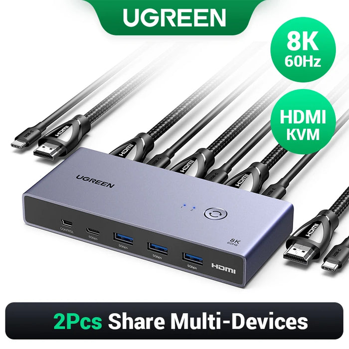 UGREEN 8K 60Hz HDMI KVM Switch USB C USB3.0 KVM Switcher 2 PCs Sharing 1 Monitor,Printer,Keyboard,Mouse Support 3D ,HDR Vision 8K KVM Switch CHINA