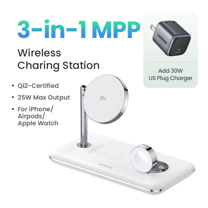 UGREEN MFi for Magsafe 25W Wireless Charger Stand 15W 3-in-1 Charging Station For iPhone 15 16 Pro Max For Apple Watch AirPods