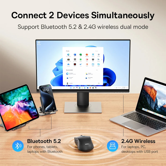 Baseus F02 Wireless Mouse Bluetooth 5.2 2.4G 4000DPI Ergonomic 7 Mute Buttons Mice for iPad MacBook Tablet Laptop Computer Mouse