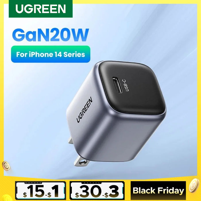 【US Plug】UGREEN 20W GaN Charger PD Fast Charger USB C PD3.0 QC3.0 Quick Charging For iPhone 15 14 Pro Samsung Xiaomi USB Charger