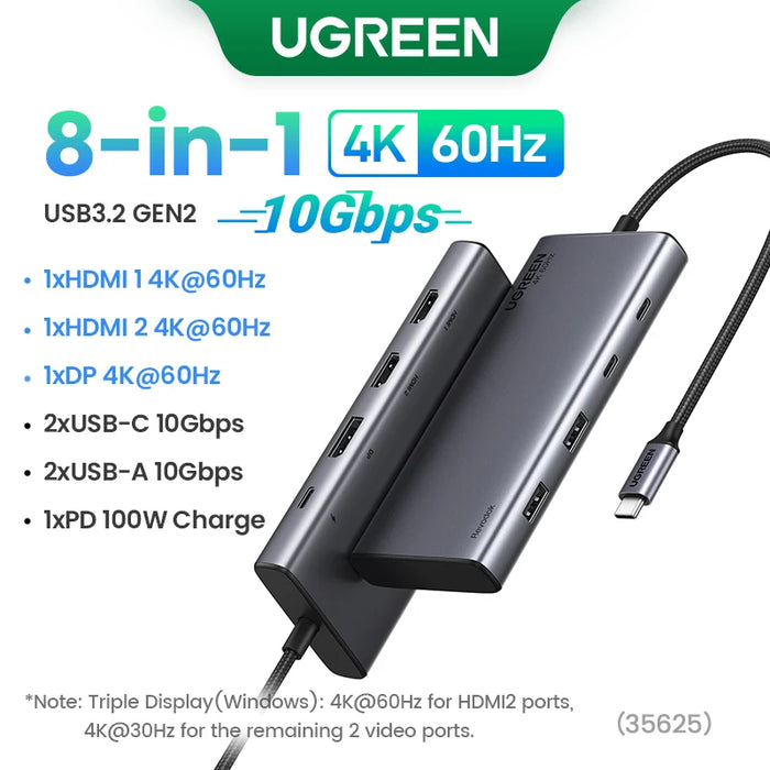 UGREEN USB C HUB Docking Station 13-in-1 4K Triple Display Dual HDMI DP 10Gbps USB3.2 PD 100W SD/TF for MacBook Pro Air Dell XPS