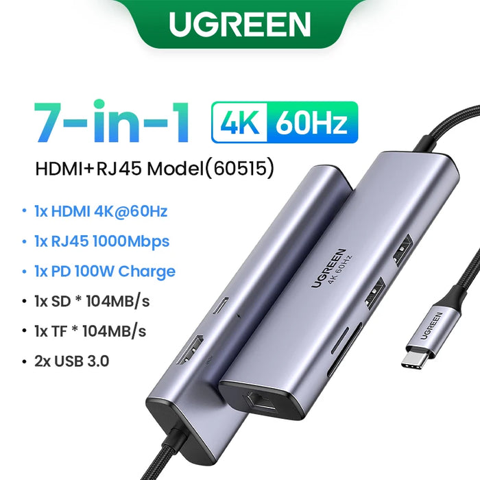 (RU Special) UGREEN Revodok 7-in-1 Docking Station Expand USB C to 4K HDMI PD100W 1000Mbps RJ45 SD TF USB3.0 5Gbps