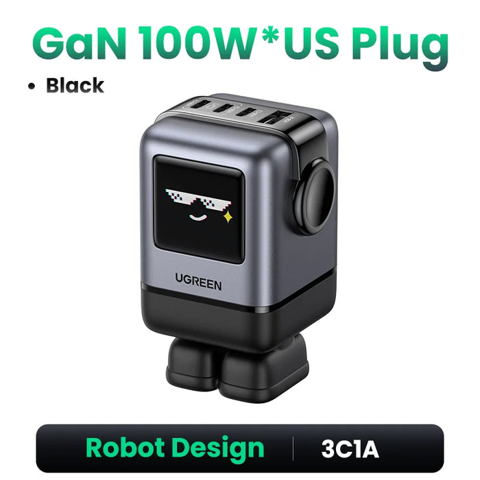 【US Plug】 UGREEN Uno 100W GaN Charger Robot Design QC4.0 3.0 PPS សម្រាប់ iPhone 16 15 14 Pro Macbook Laptops Tablet PD3.0 Fast Charge