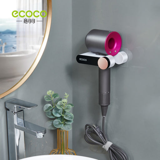 ECOCO Hands Free Hair Dryer Holder Free Punching For Hair Dryer Placement Rack Bathroom Organizer Storage Rack Dryer Hanger Black-S