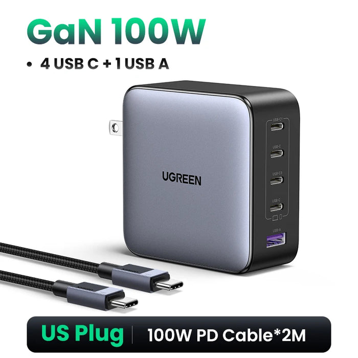 UGREEN 100W GaN Charger 5 Ports USB C Charger QC4.0 3.0 PPS សម្រាប់ Macbook Air Laptop Tablet ឧបករណ៍សាក PDFast សម្រាប់ iPhone 16 15 14 Pro