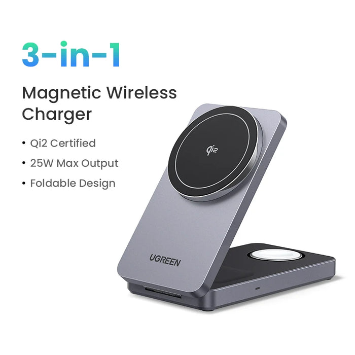 UGREEN MFi 3-in-1 25W Magnetic Wireless Charger Stand Qi2 15W Charging For iPhone 16 Pro Apple Watch For MagSafe Fast Charger