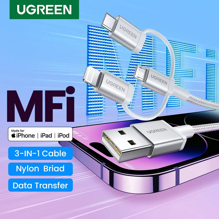 【លក់ថ្មី】 UGREEN MFi USB C to Lightning Micro USB Cable 3A Fast Charging 3 in 1 For iPhone 14 13 12 Pro Max Xiaomi Samsung