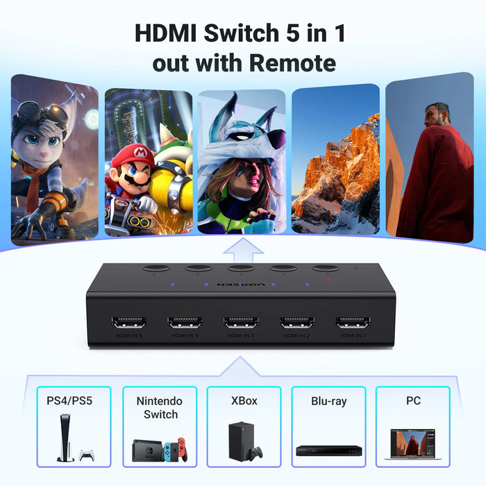 UGREEN HDMI Switch 5 in 1 Out 4K@60Hz, HDMI Splitter with Remote 5 Port HDMI Switcher Selector Support 3D CEC HDR HDCP2.2 PS5/4