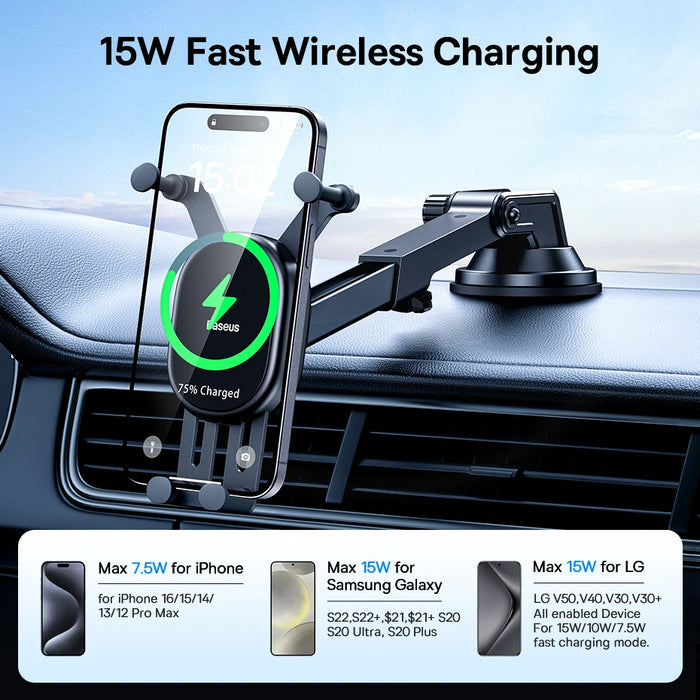 Baseus Car Wireless Charger Phone Holder Sucker for Console Center Fast Charger 15W for Xiaomi Samsung Huawei Car Stand Mount