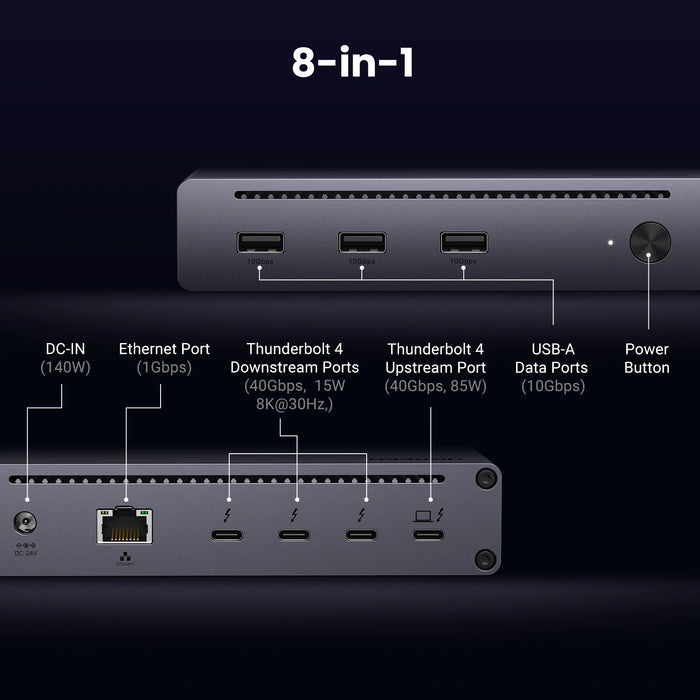 UGREEN Thunderbolt4 Docking Station 8-in-1 40Gbps HUB ជាមួយ 3xThunderbolt 4 Dual 4K60Hz Single 8K30Hz 1000Mbps សម្រាប់ MacBook Laptop