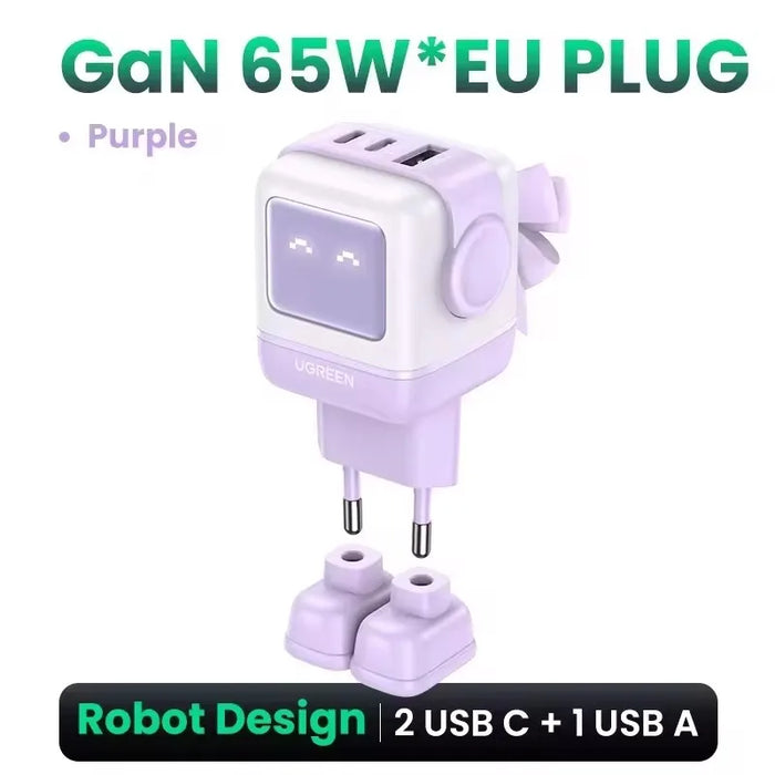 ថ្មី!UGREEN 65W GaN Charger Robot Design Quick Charge 4.0 3.0 PPS សម្រាប់ iPhone 16 15 14 Pro Macbook Laptop Tablet PD Fast Charger