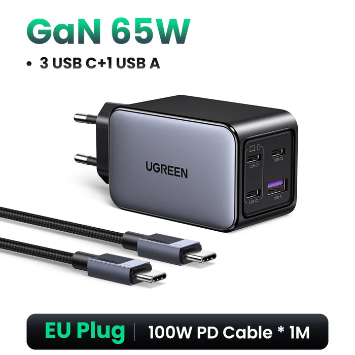 UGREEN 65W GaN Charger 4 Ports USB C Fast Charger Quick Charge 3.0 PD 3.0 សម្រាប់កុំព្យូទ័រ Macbook Air Laptops Tablet iPhone 16 15 14 Pro Max