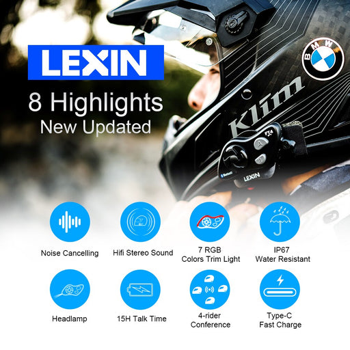 LEXIN NEW 2PCS FT4 PRO Bluetooth 4 Way Conference Motorcycle Intercom with Hands-Free Utility Headlamp Headsets