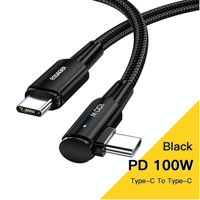 Essager USB C To Type C Cable PD100W 60W Fast Charger 90 Degree Angle Charging Cord Wire For Xiaomi Samsung Huawei Macbook iPad Black 100W Cable