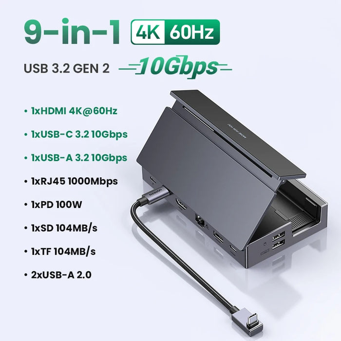 (RU ពិសេស) UGREEN Revodok Steam Deck Dock 9-in-1 USB-C ដល់ 4K60Hz 10Gbps USB-A&amp;C 1000Mbps RJ45 PD100W សម្រាប់ Game Console ROG X