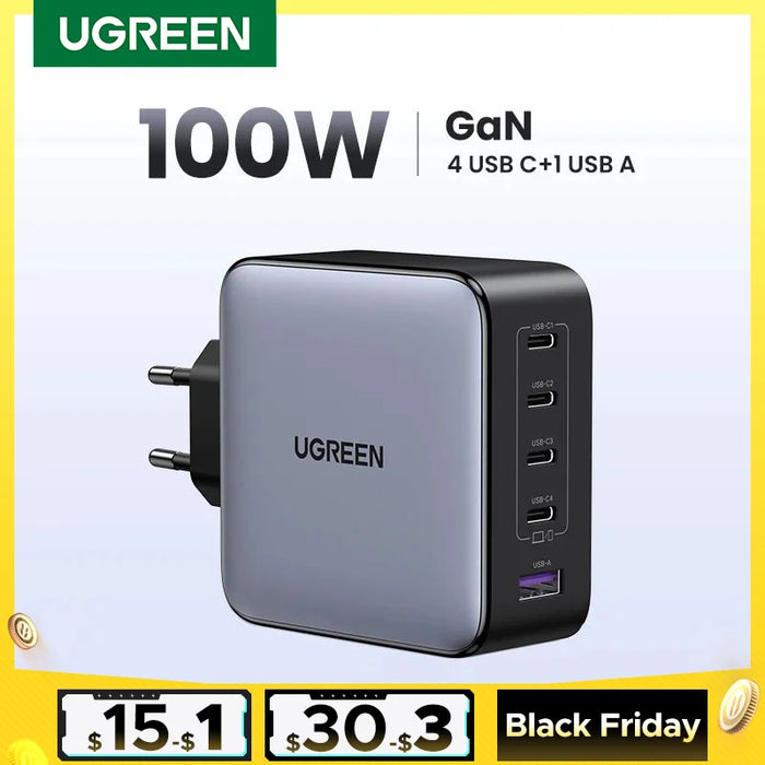 UGREEN 100W GaN Charger 5 Ports USB C Charger QC4.0 3.0 PPS សម្រាប់ Macbook Air Laptop Tablet ឧបករណ៍សាក PDFast សម្រាប់ iPhone 16 15 14 Pro