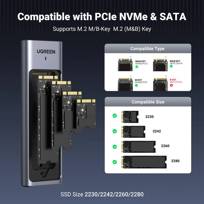 UGREEN M2 SSD Case M.2 NVMe 5Gbps USB C 3.2 Gen2 SSD Enclosure Tool-Free External SSD Adapter M និង B&amp;M Keys