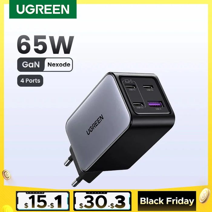 UGREEN 65W GaN Charger 4 Ports USB C Fast Charger Quick Charge 3.0 PD 3.0 សម្រាប់កុំព្យូទ័រ Macbook Air Laptops Tablet iPhone 16 15 14 Pro Max