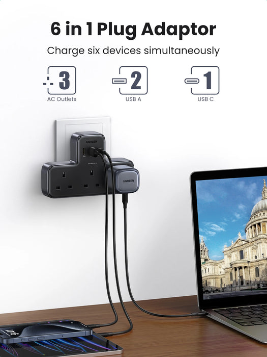 UGREEN UK Plug Power Strip Adapter Extension Extension Outlet Adapter សម្រាប់ iPhone 15 14 Pro Max Xiaomi Wall Fast Charger AD DC Travel Adapter