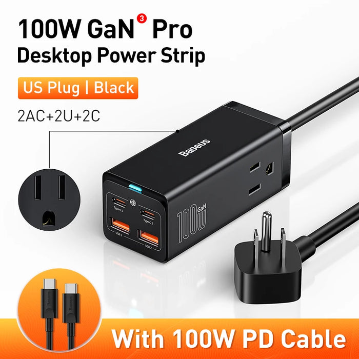 Baseus 100W GaN3 Pro Desktop Charger Power Strip US Plug Charging Station Fast Charger For iPhone 16 15 14 Xiaomi Samsung Laptop