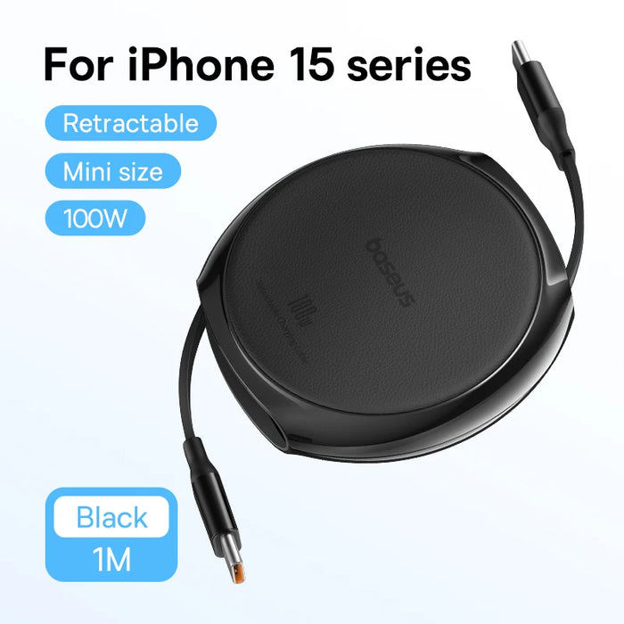 Baseus Retractable USB C Cable 100W Cable  For MacBook iPad Fast Charger Cable for iPhone 16 15 Plus Pro Max Charger Data Wire