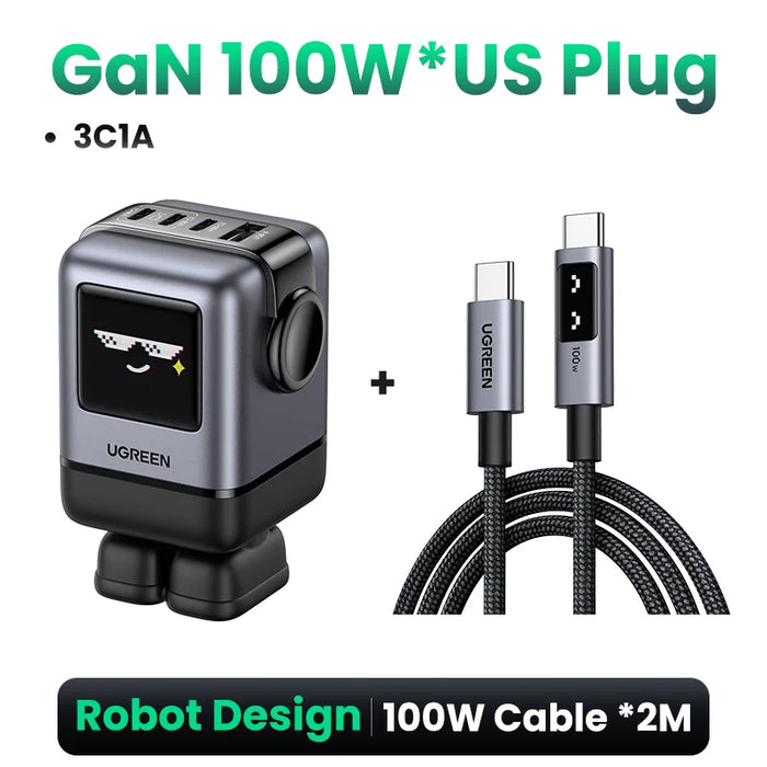 【US Plug】 UGREEN Uno 100W GaN Charger Robot Design QC4.0 3.0 PPS សម្រាប់ iPhone 16 15 14 Pro Macbook Laptops Tablet PD3.0 Fast Charge