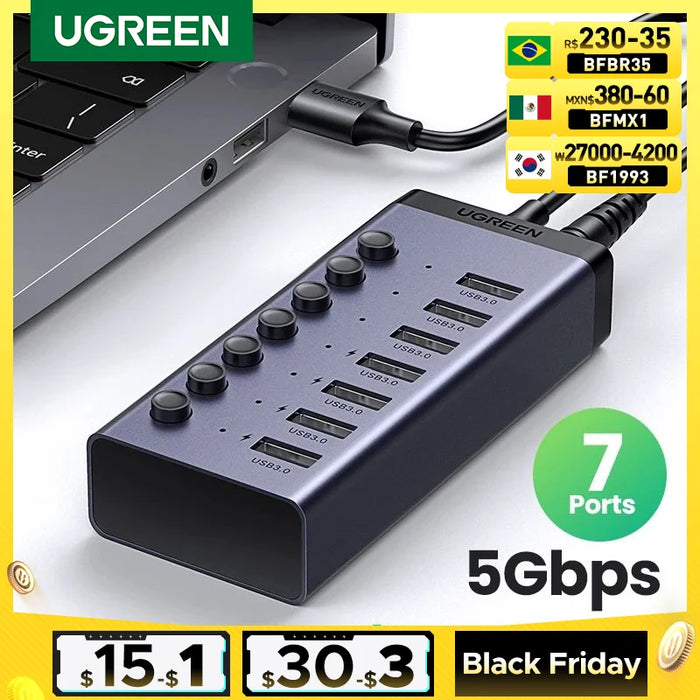 UGREEN USB C Hub 5Gbps 7 Ports USB3.0 Splitter with Individual OFF/ON Switch LED Indicator  for PC Laptop MacBook Pro/Air