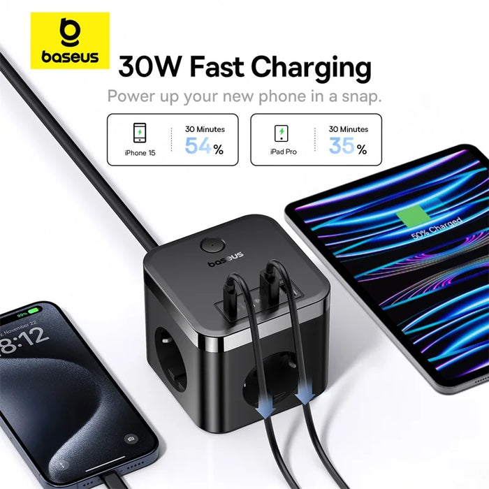 Baseus 30W Charger Fast Power Strip 3AC Outlet Desktop Charging Station With Surge Lightning Protection For iPhone 16 15 Tablets