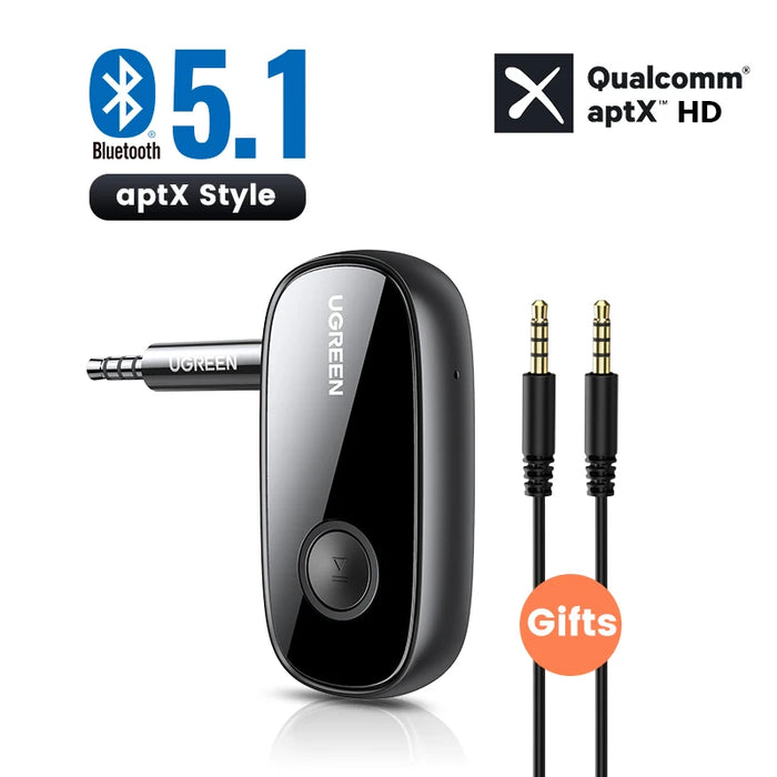 អ្នកទទួលប៊្លូធូស UGREEN 5.1 aptX HD 3.5mm AUX Jack Audio Wireless Adapter សម្រាប់ Car PC Headphones Mic 3.5 Bluetooth 5.1 Receptor