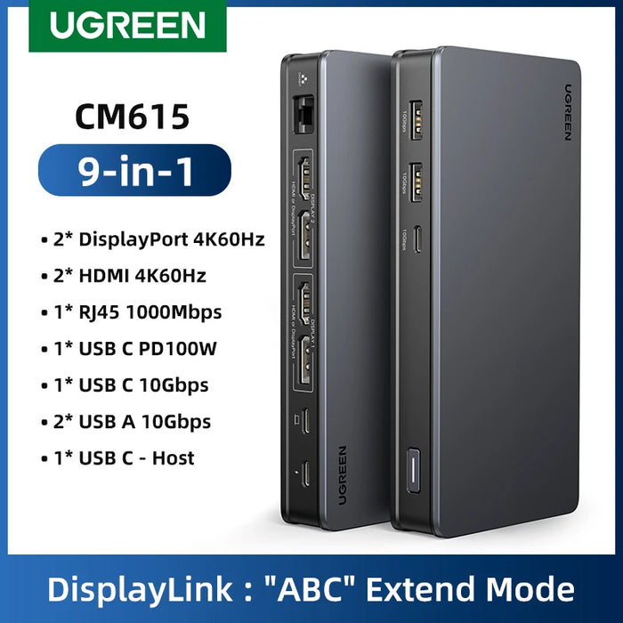 UGREEN USB C Docking Station 9-in-1 USB Splitter 4K60Hz HDMI DP DisplayLink Triple Display RJ45 PD100W សម្រាប់ macOS Windows 10Gbps