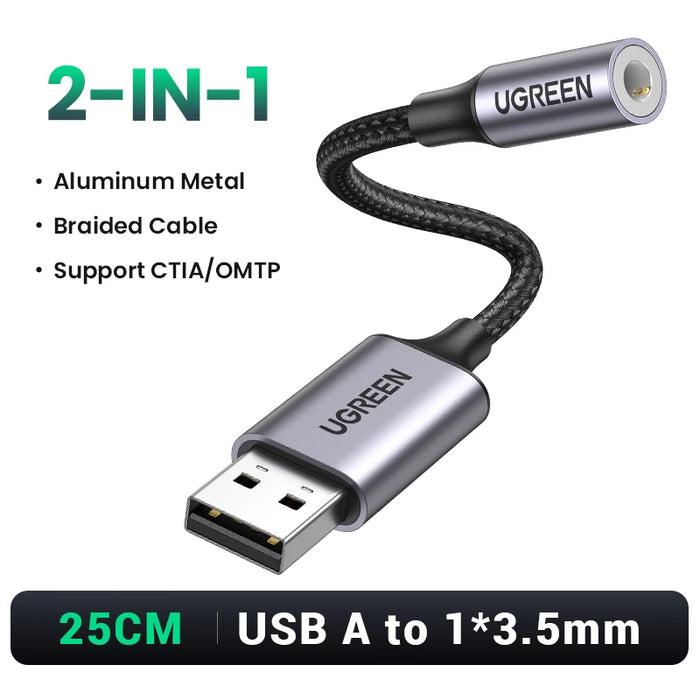 UGREEN Sound Card USB to 3.5mm Audio Interface Adapter for Earphone Mic for PC Laptop PS5/4 TRRS(CTIA/OMTP) Aluminum Metal Shell