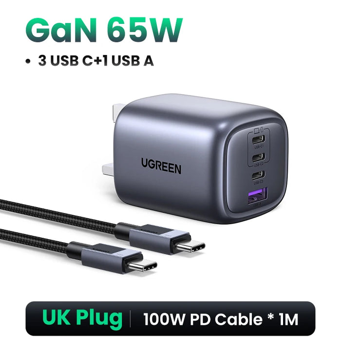 UGREEN 65W GaN Charger Quick Charge 4.0 3.0 PPS PD 3.0 Fast Charger 3 USB C For Macbook Air Laptops Tablets iPhone 16 15 14 Pro